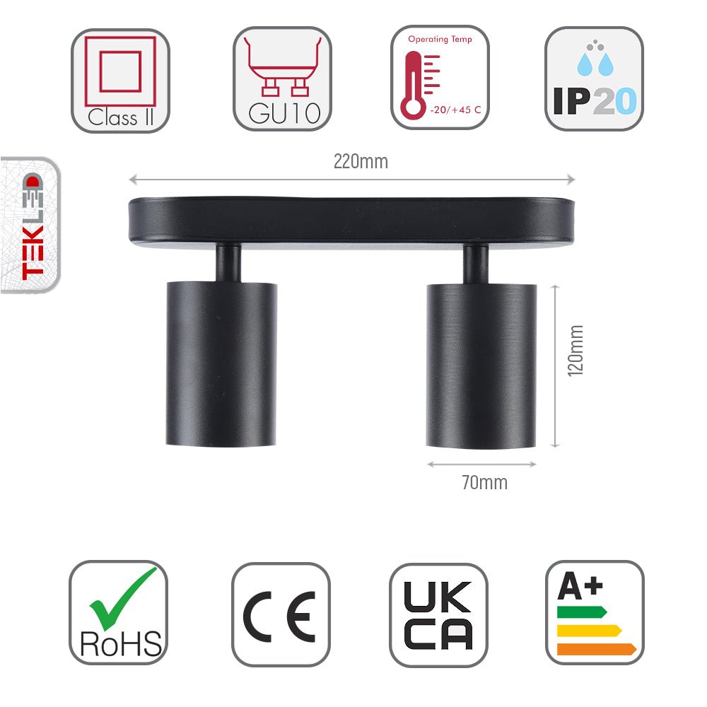 Size and specs of 2-way Spotlight Black with GU10 Fitting | TEKLED 172-03030