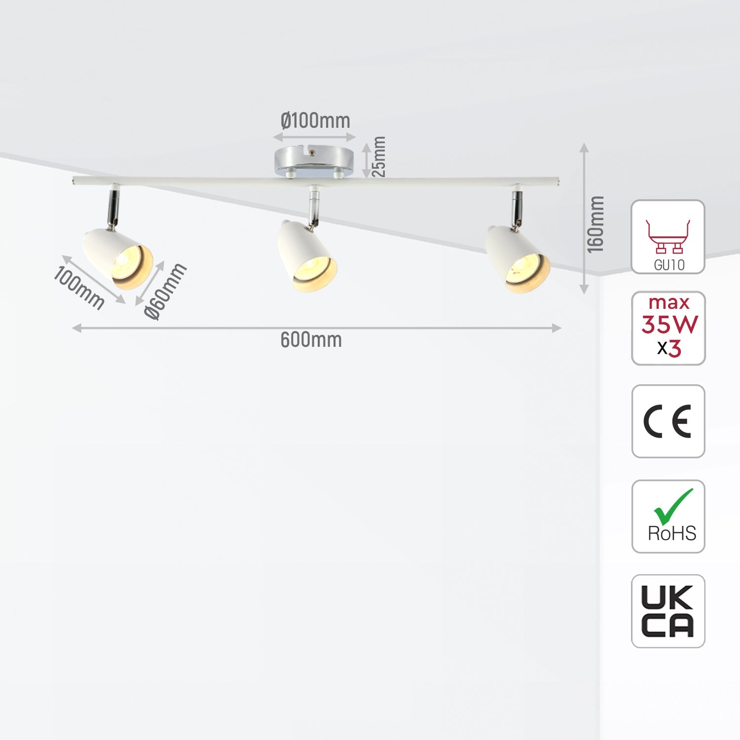 Size and specs of 3 Way Skurupp Rod Spotlight with GU10 Fitting Chrome White | TEKLED 172-03100