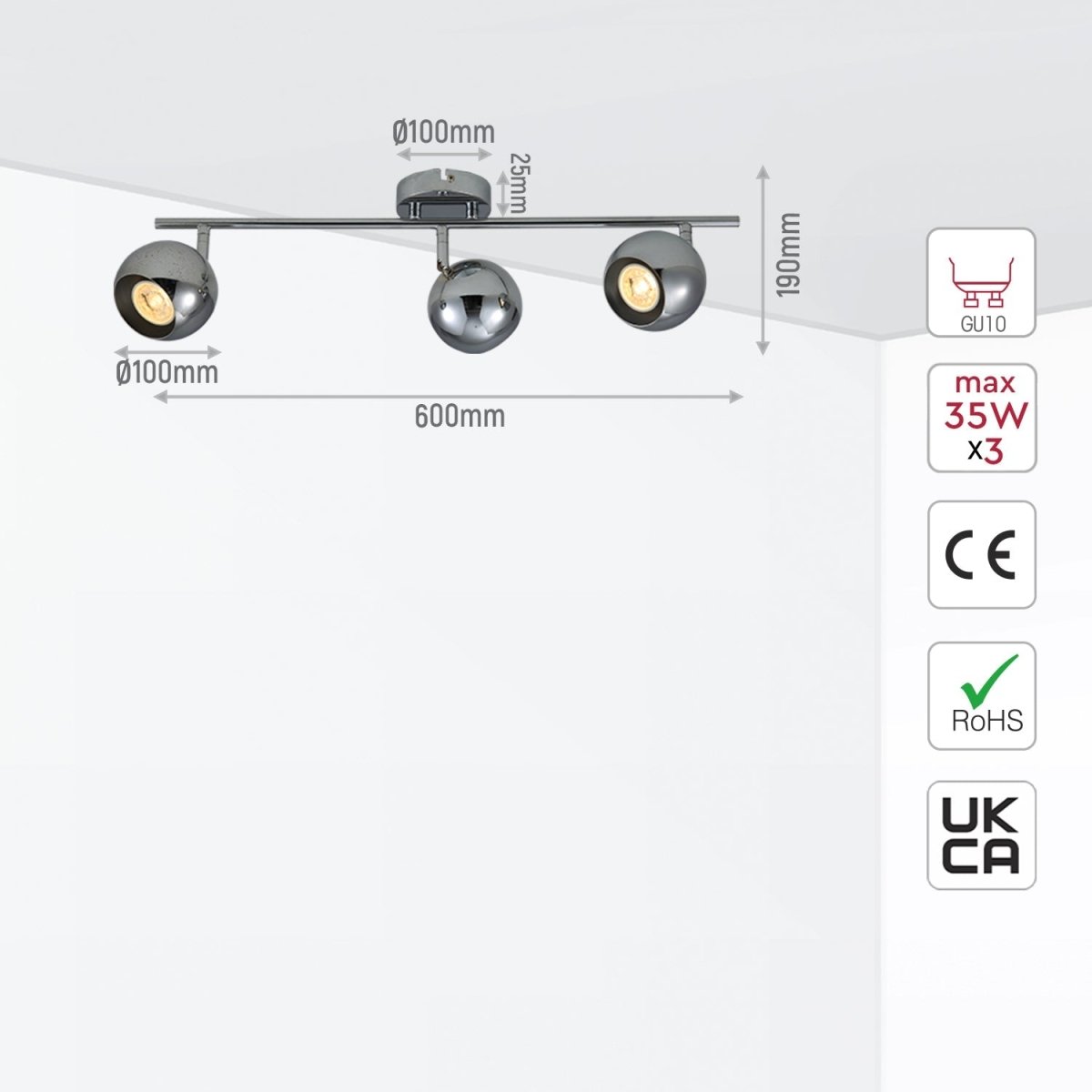 Size and specs of 3 Way Sphere Rod Spotlight Chrome with GU10 Fitting | TEKLED 172-03114