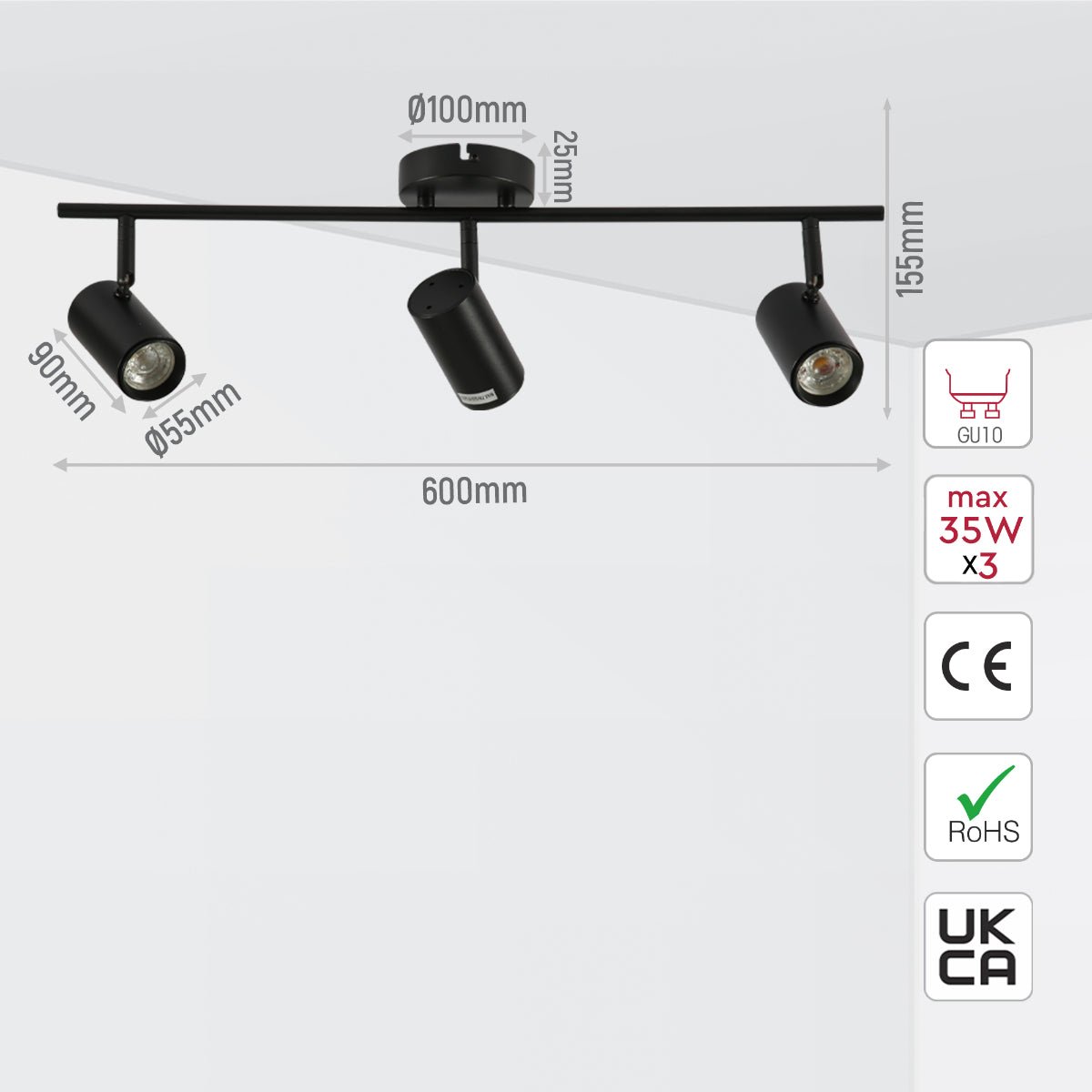 Size and specs of 3 Way Virmo Rod Spotlight with GU10 Fitting Black | TEKLED 172-03068