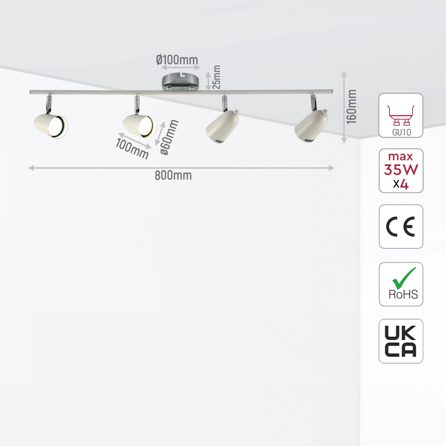 Size and specs of 4 Way Skurupp Rod Spotlight with GU10 Fitting Chrome White | TEKLED 172-03102