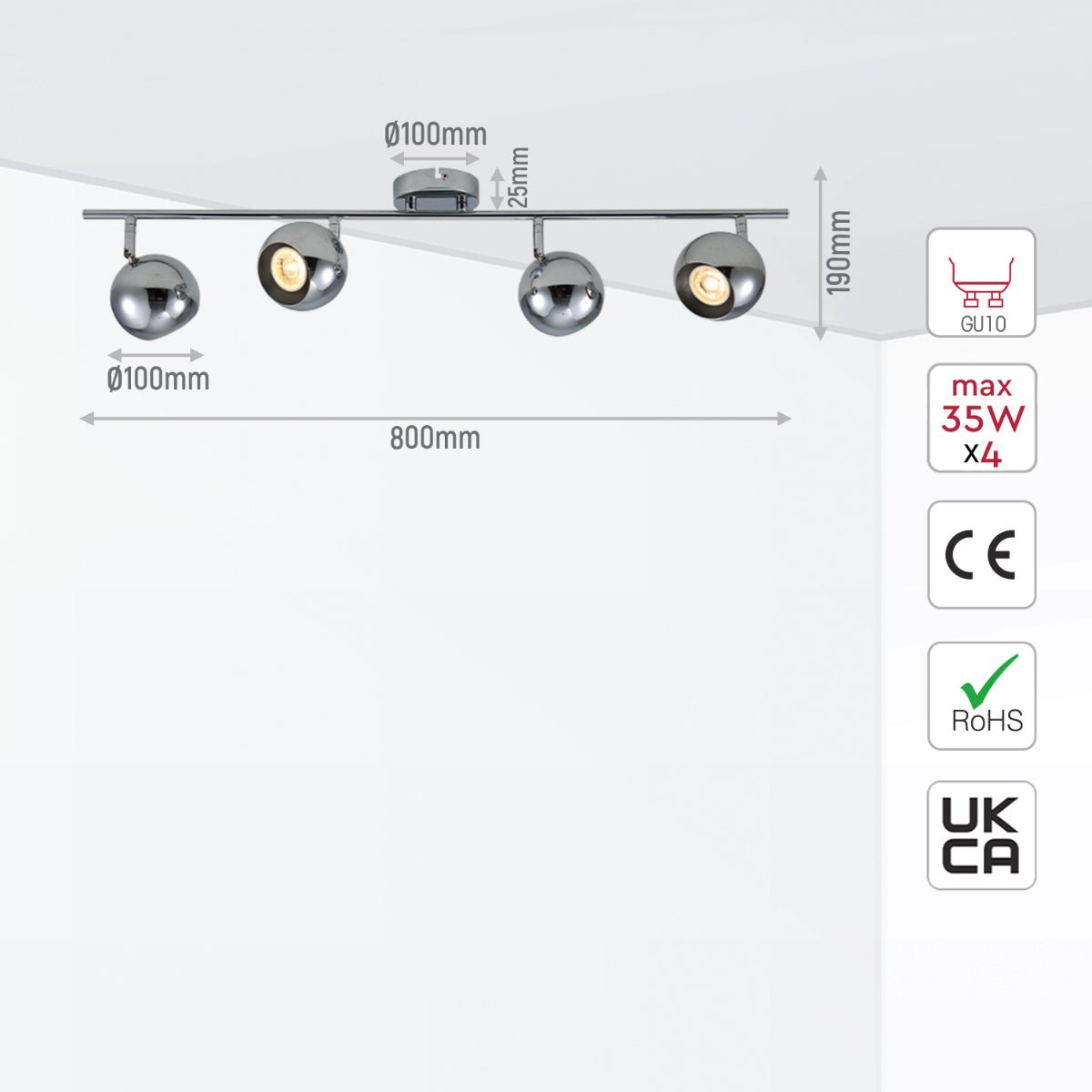 Size and specs of 4 Way Sphere Rod Spotlight Chrome with GU10 Fitting | TEKLED 172-03116