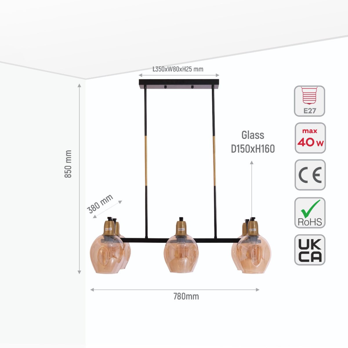 Size and specs of Amber Cone Glass Black Gold Metal Body Island Chandelier Ceiling Light with 6xE27 Fitting | TEKLED 159-17396