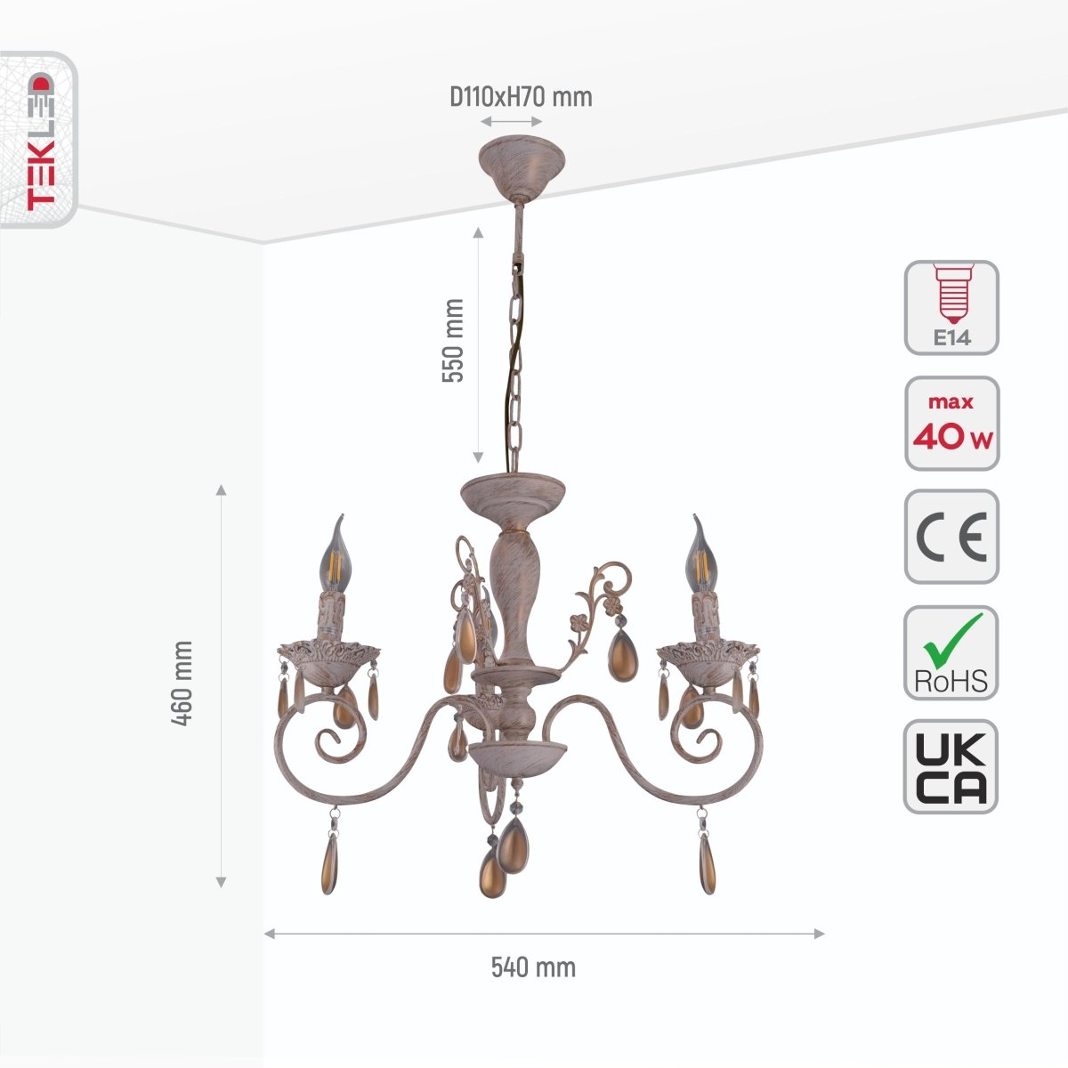 Size and specs of Amber Crystals Rice White with Gold Brushed Metal 3 Arm Chandelier with E14 Fitting | TEKLED 158-17848