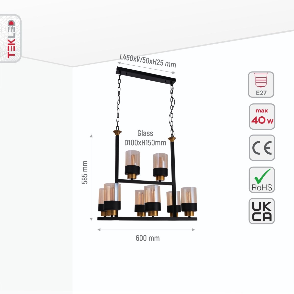 Size and specs of Amber Cylinder Glass Black Metal Chandelier with 8xE27 Fitting | TEKLED 158-19586