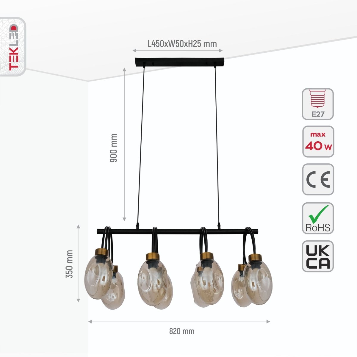 Size and specs of Amber Glass Black Metal Island Chandelier with 8xE27 Fitting | TEKLED 158-19574