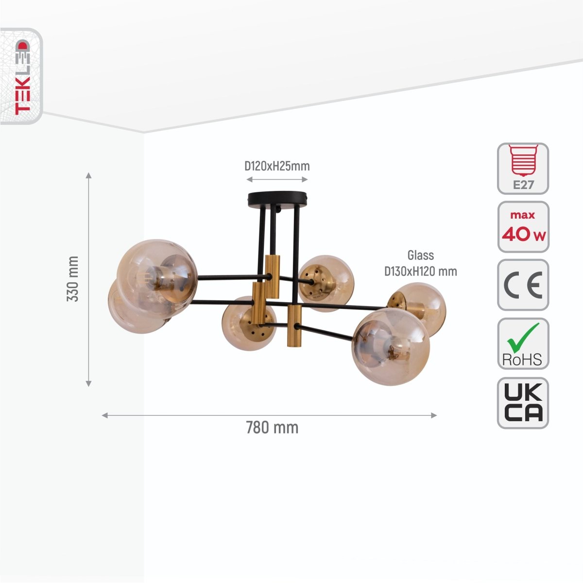 Size and specs of Amber Glass Globe Gold and Black Metal Semi Flush Ceiling Light with 6xE27 Fitting | TEKLED 159-17428