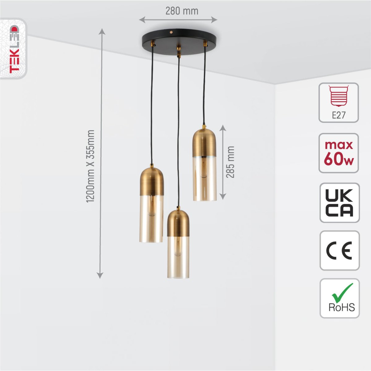 Size and specs of Amber Glass Gold Aluminium Bronze Plated Top Cylinder Pendant Light with 3xE27 Fitting | TEKLED 159-17299