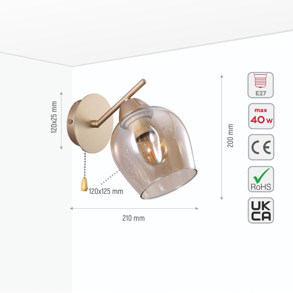 Size and specs of Amber Glass Metalic Gold Branch Twig Modern Wall Light with E27 Fitting and Pull Down Switch | TEKLED 151-19810