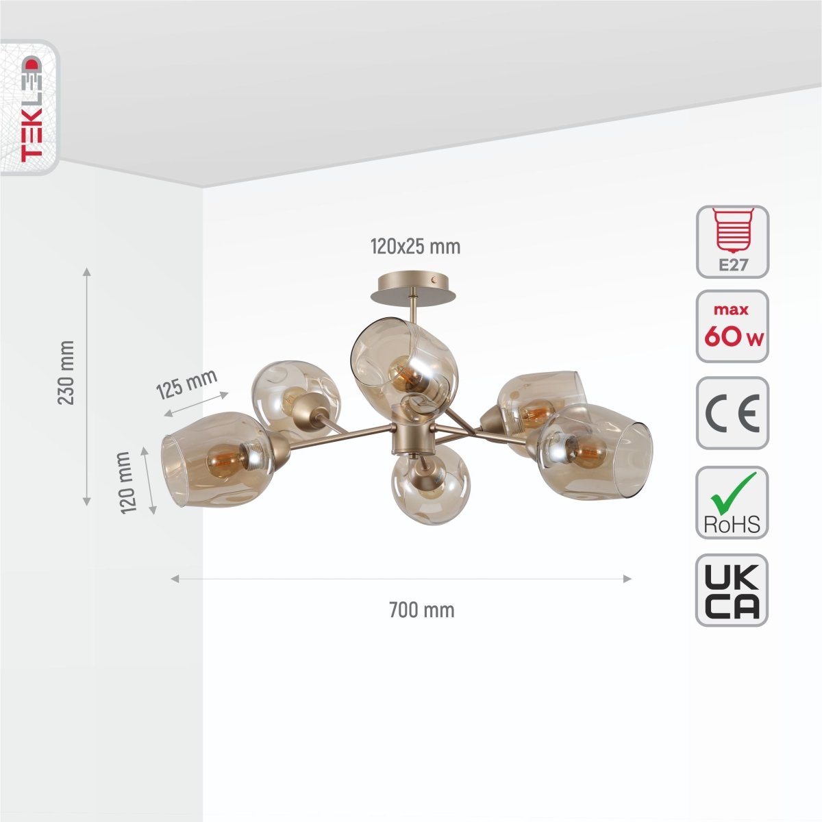 Size and specs of Amber Glass Metalic Gold Branch Twig Semi Flush Modern Ceiling Light with 6xE27 Fitting | TEKLED 159-17812