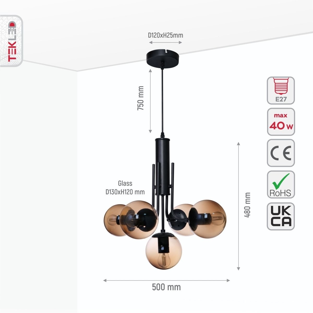 Size and specs of Amber Globe Glass Black Body Pendant Chandelier Light with 5xE27 Fittings | TEKLED 159-17410