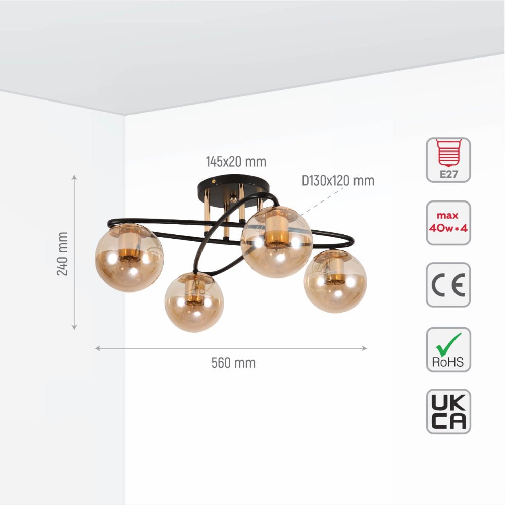 Size and specs of Amber Globe Glass Black Ellipse Metal Modern Semi Flush Ceiling Light E27 | TEKLED 159-17736