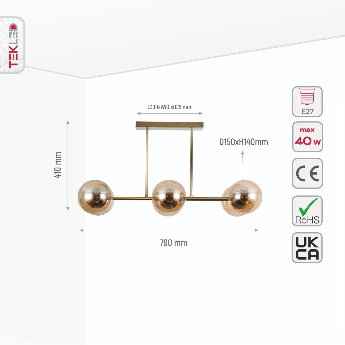 Size and specs of Amber Globe Glass Gold Metal Body Ceiling Light with 6xE27 Fitting | TEKLED 159-17576