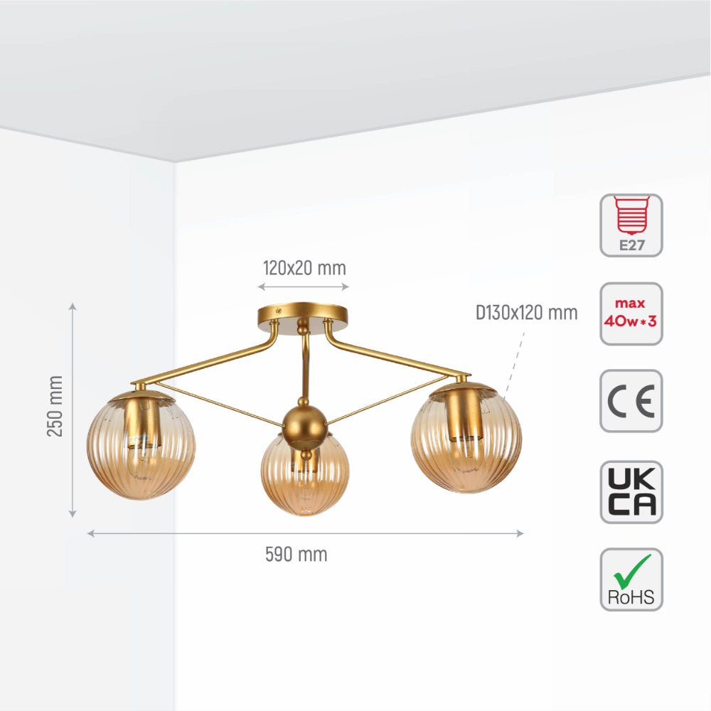 Size and specs of Amber Reeded Globe Gold Semi Flush Ceiling Light E27 | TEKLED 159-17678