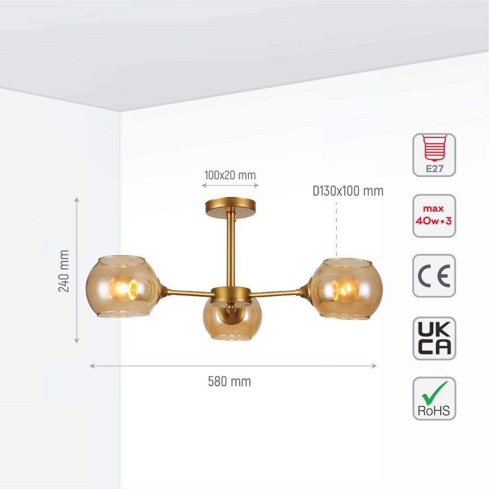 Size and specs of Amber Sides Open Globe Glass Gold Semi Flush Ceiling Light E27 | TEKLED 159-17632