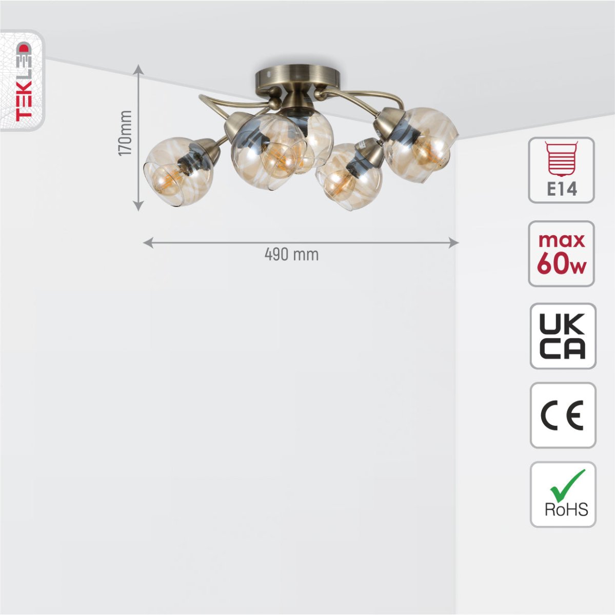 Size and specs of Antique Brass Amber Glass Semi Flush Ceiling Light with 5xE14 Fitting | TEKLED 159-17285