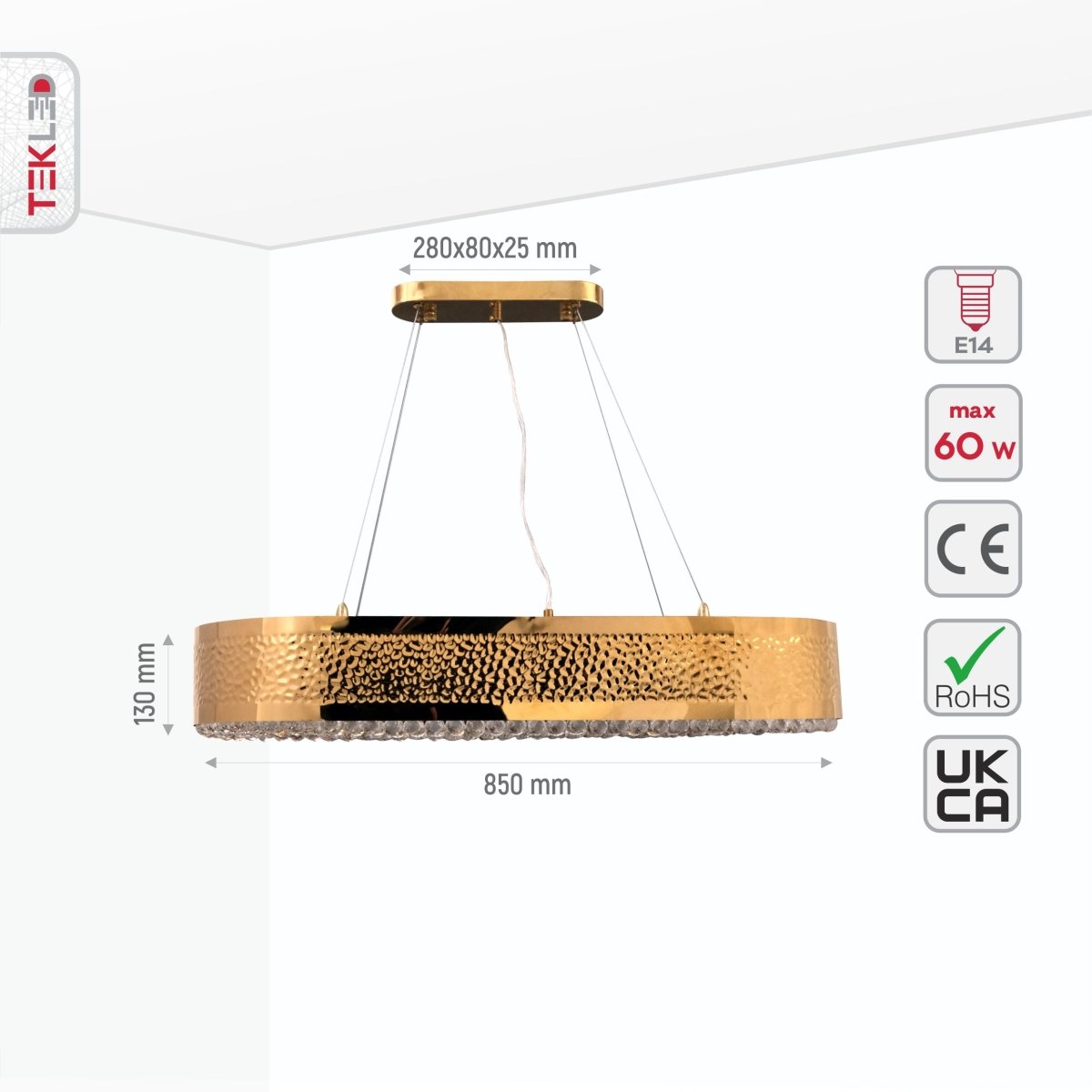 Size and specs of Ball Crystal Gold Metal Island Chandelier L850 with 10XE14 Fitting | TEKLED 156-19566