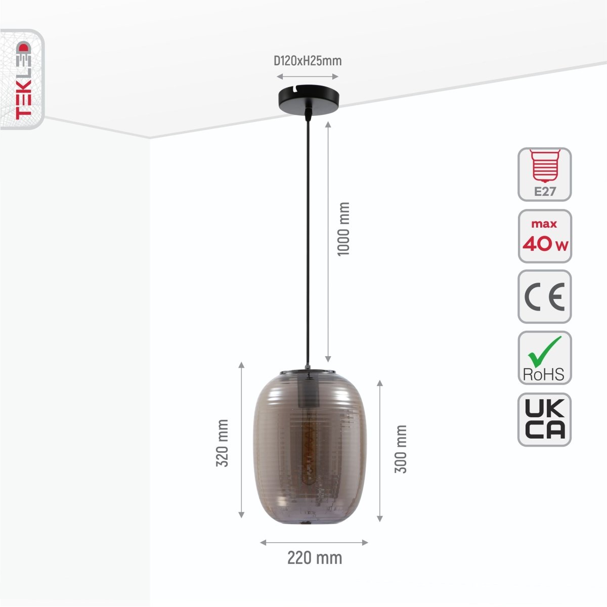 Size and specs of Bee Hive Smoky Glass Pendant Light with E27 Fitting | TEKLED 159-17346