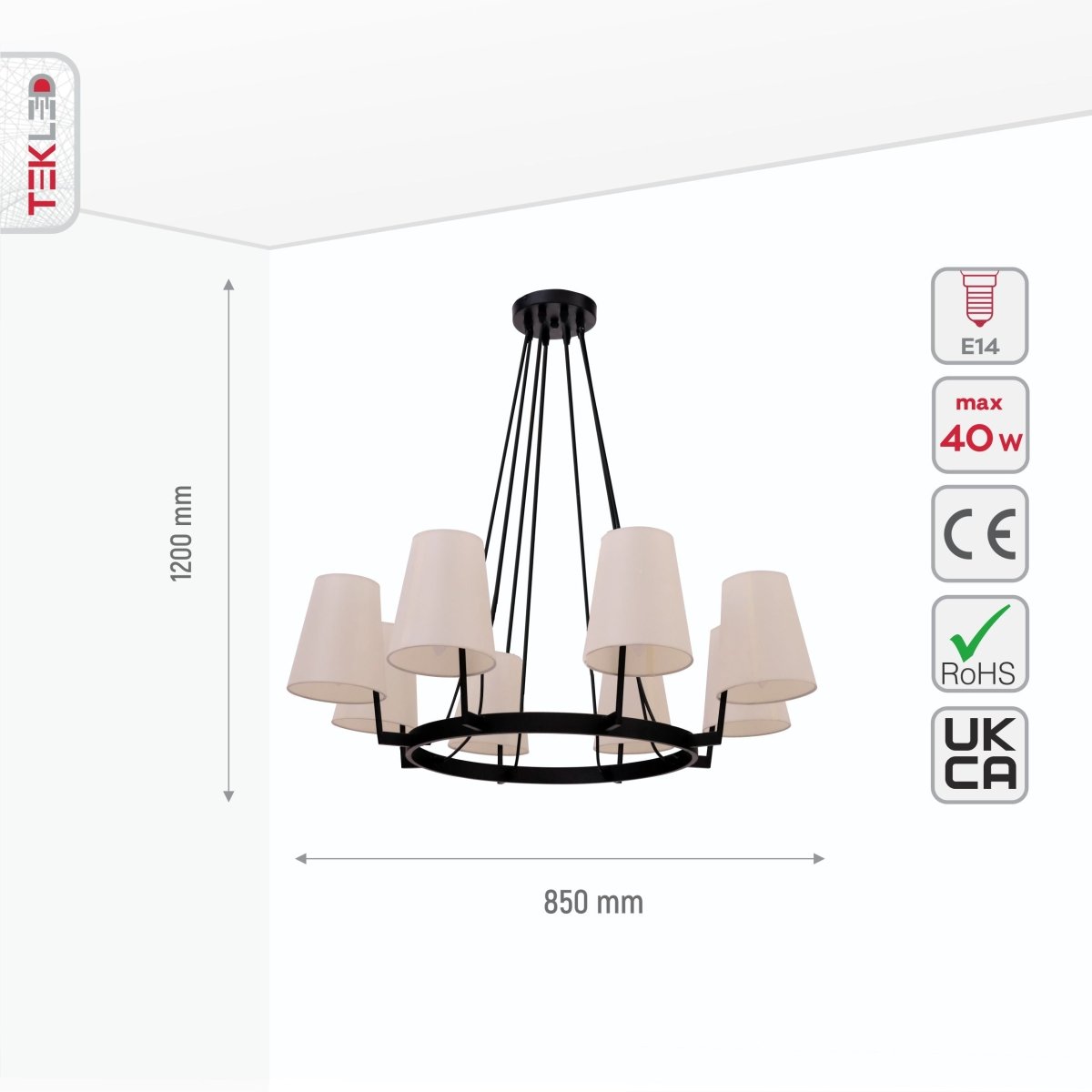 Size and specs of Beige Fabric Shade Black Metal Body Chandelier with 8xE14 Fitting | TEKLED 159-17556