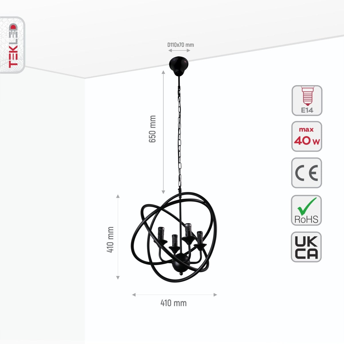 Size and specs of Black 3 Circle Pendant Light with 4xE27 Fitting | TEKLED 158-17582