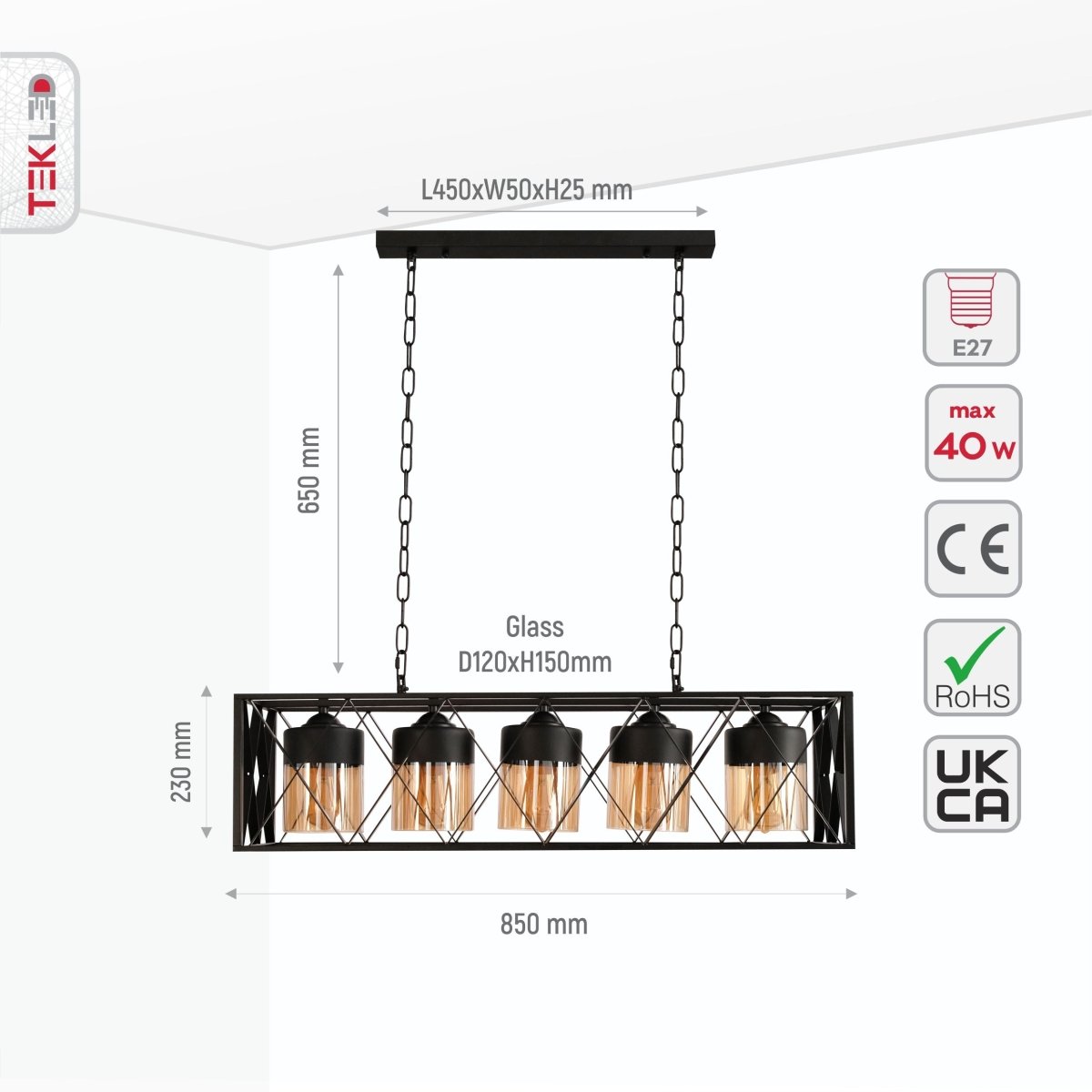 Size and specs of Black Caged Metal Amber Cylinder Glass Island Chandelier with 5xE27 Fitting | TEKLED 158-19580