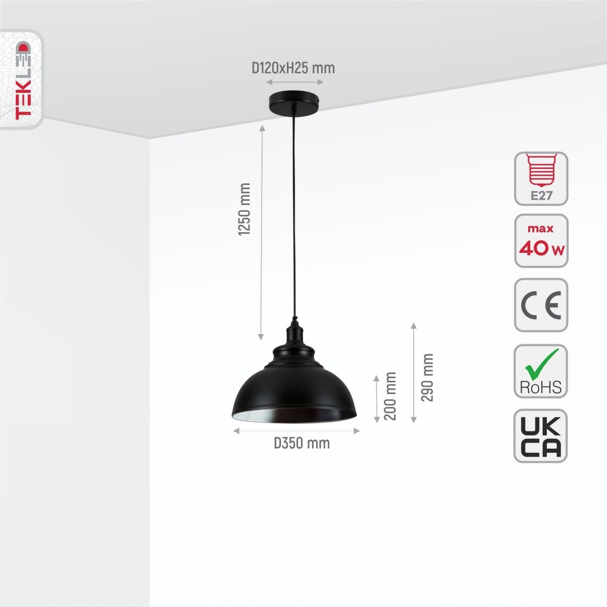 Size and specs of Black Dome Industrial Large Metal Ceiling Pendant Light with E27 Fitting | TEKLED 150-18364