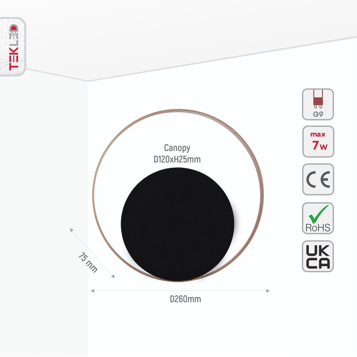 Size and specs of Black Gold Metal Flat Wall Light with G9 Fitting | TEKLED 151-19732