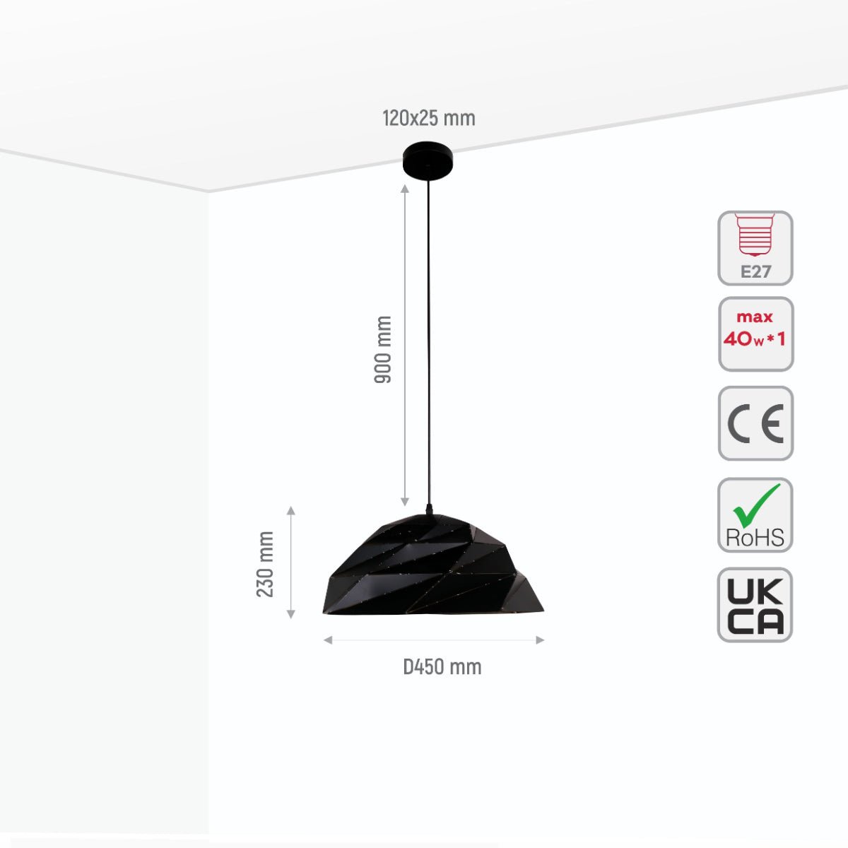 Size and specs of Black Gold Metal Laser Cut Dome Modern Pendant Light D450 with E27 Fitting | TEKLED 150-18150