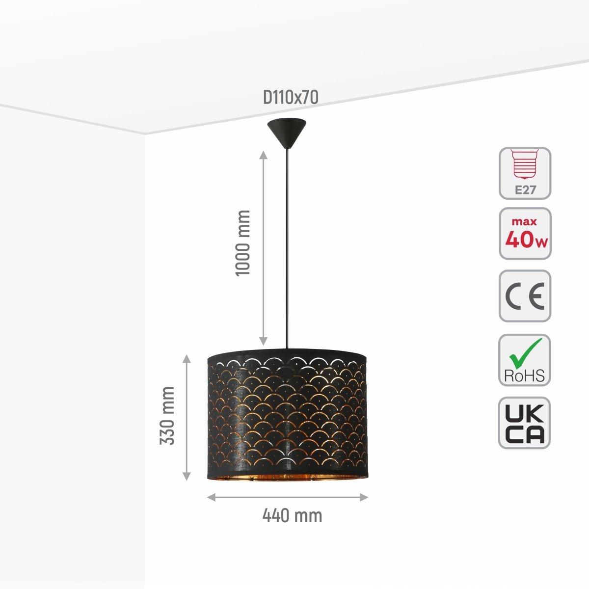 Size and specs of Black Gold Shade Scandinavian Modern Pendant Ceiling Light Small with E27 Fitting | TEKLED 158-19592