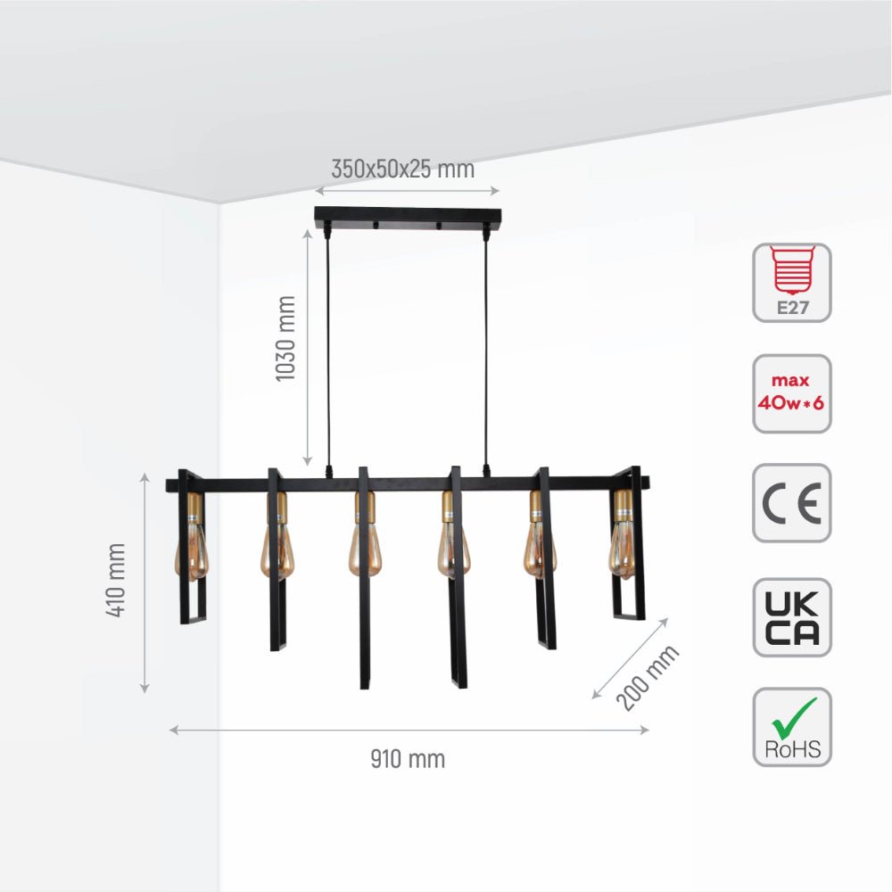 Size and specs of Black Metal Body Cage Modern Kitchen island Chandelier Ceiling Light with Gold 6xE27 Fittings  | TEKLED 159-17874