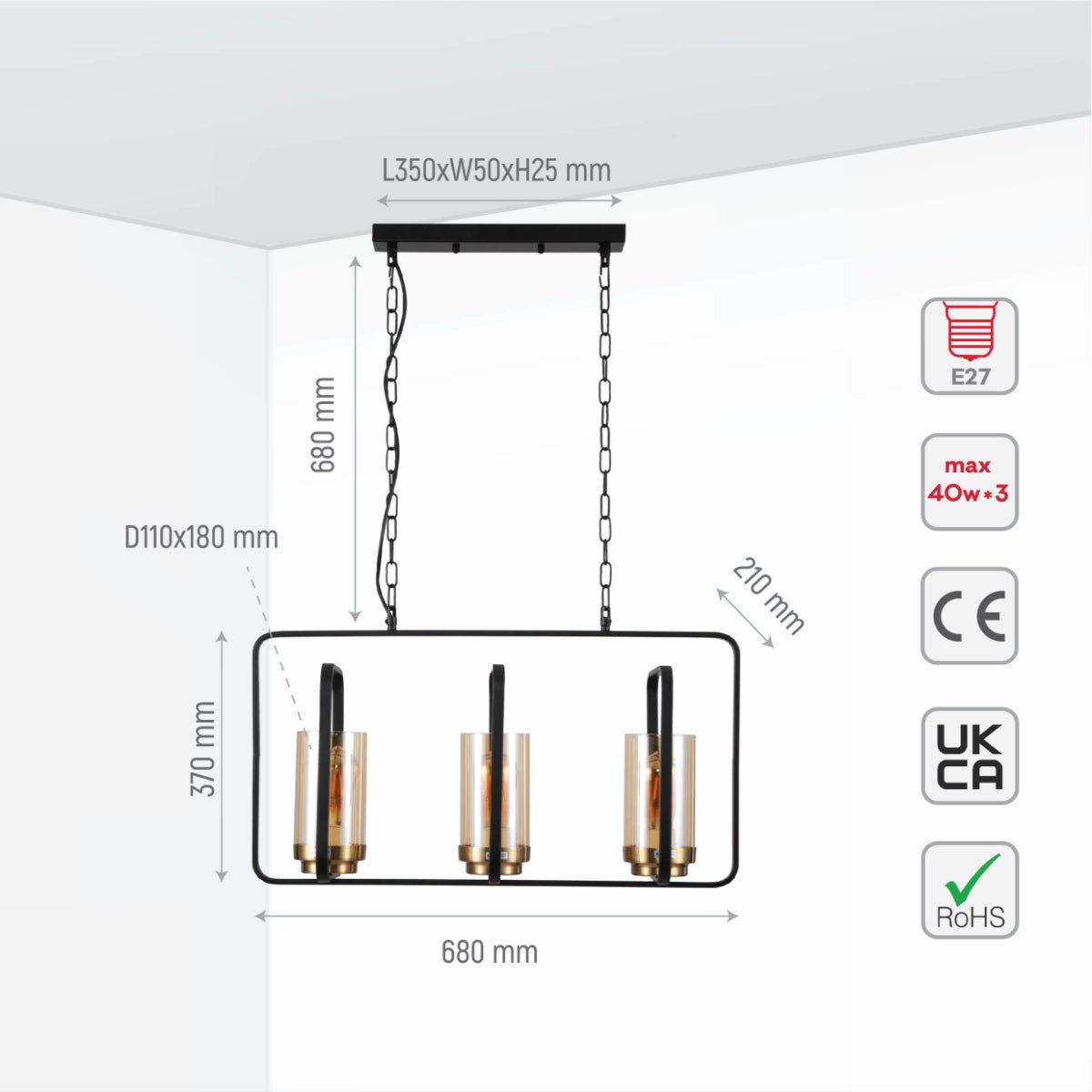 Size and specs of Black Metal Cage Body Amber Cylinder Glass Kitchen Island Chandelier Ceiling Light with 3xE27 Fitting | TEKLED 159-17442