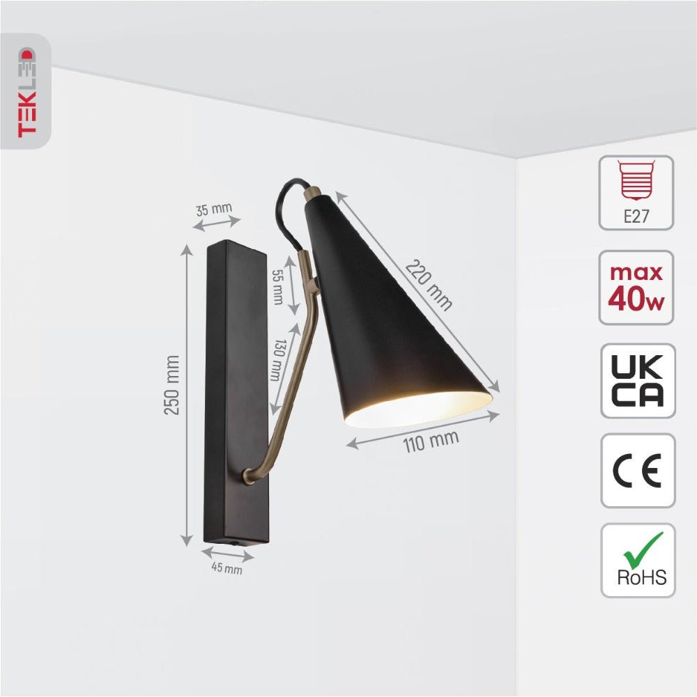 Size and specs of Black Metal Cone Wall Light with E27 Fitting | TEKLED 151-19648