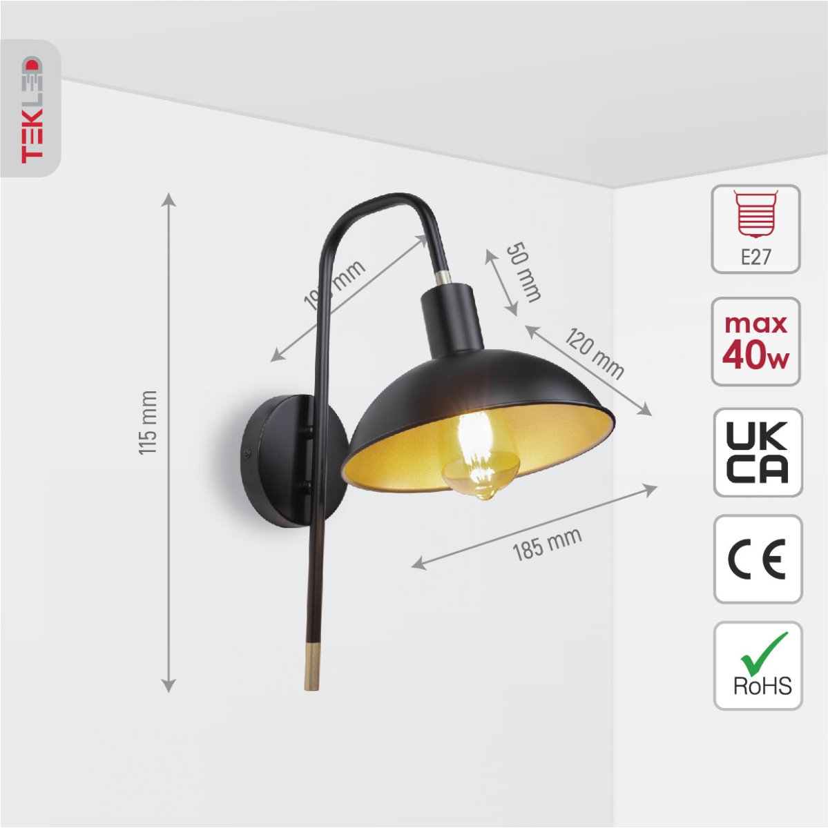 Size and specs of Black Metal Dome Sunflower Wall Light with E27 Fitting | TEKLED 151-19646