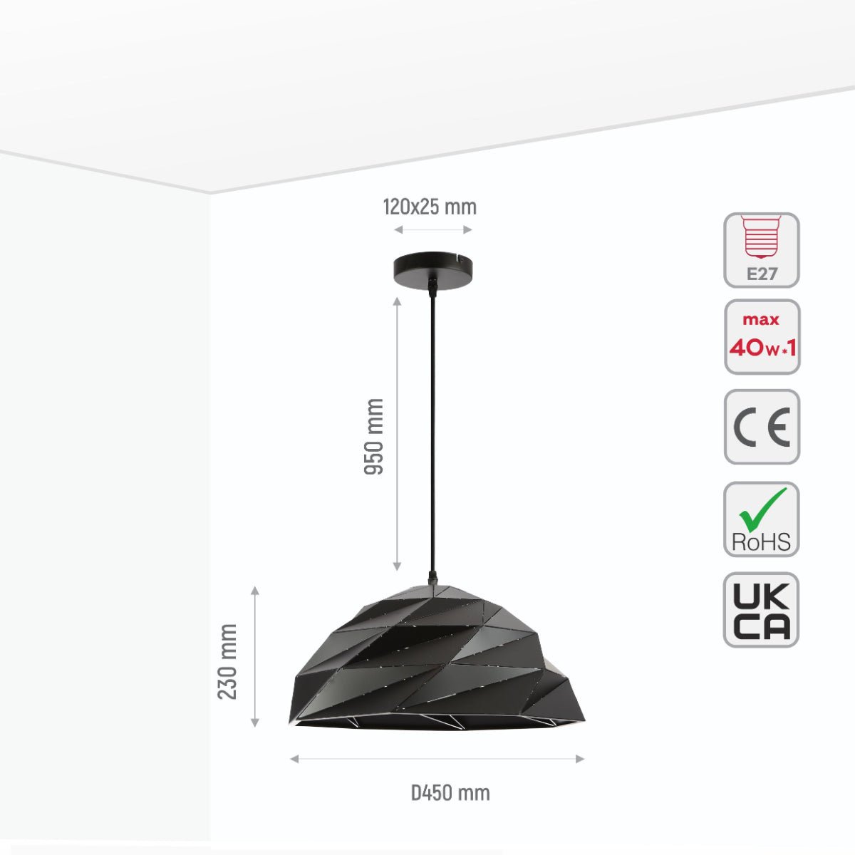 Size and specs of Black Metal Laser Cut Dome Modern Pendant Light D450 with E27 Fitting | TEKLED 150-18298