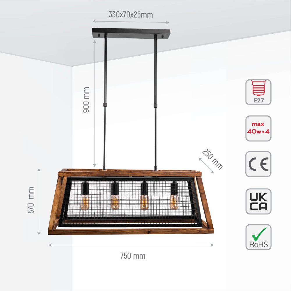 Size and specs of Black Metal Old Wood Cuboid Island Chandelier Ceiling Light with 4xE27 L750 | TEKLED 156-195320