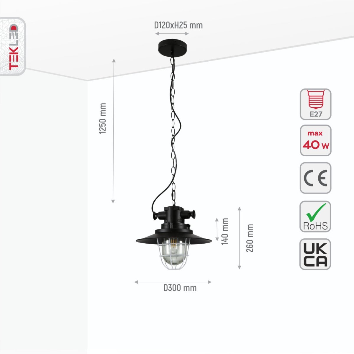 Size and specs of Black Nautical Industrial Caged Flat Shade Glass Metal Ceiling Pendant Light with E27 Fitting  | TEKLED 150-18366