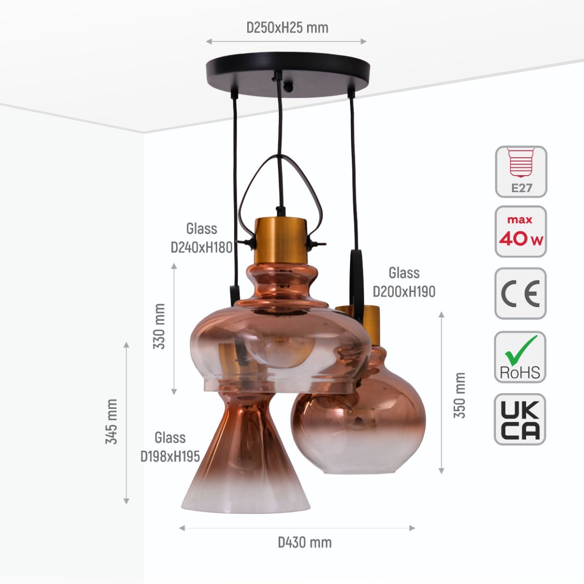 Size and specs of Bronze Gradient Glass Funnel Dome Globe Mix Pendant Ceiling Light with 3xE27 | TEKLED 150-18076