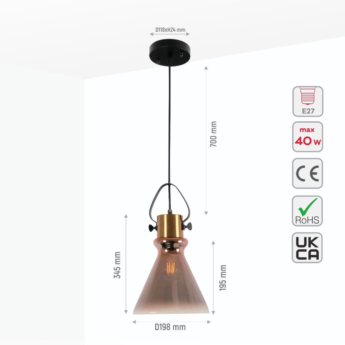 Size and specs of Bronze Gradient Glass Funnel Pendant Ceiling Light with E27 | TEKLED 150-18073