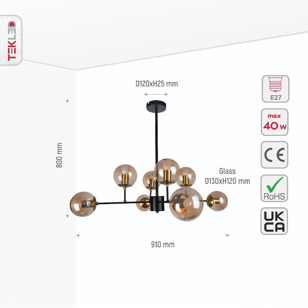 Size and specs of Chandelier Stilnovo Amber Glass Black Body with 8xE27 Fitting | TEKLED 159-17324