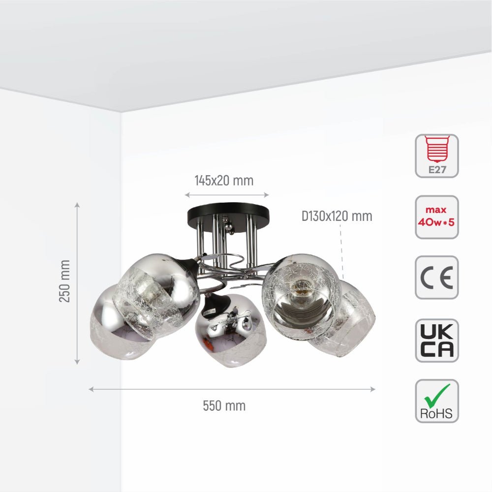 Size and specs of Chrome Metal Partial Mirror Cone Glass Ceiling Light with E27 Fittings | TEKLED 159-17608