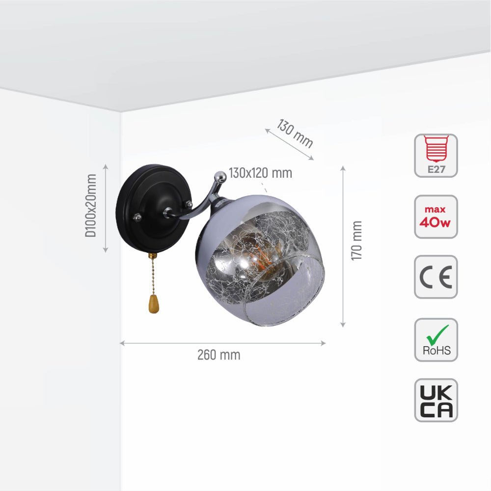 Size and specs of Chrome Metal Partial Mirror Cone Glass Wall Light E27 Pull Down Switch | TEKLED 151-19760