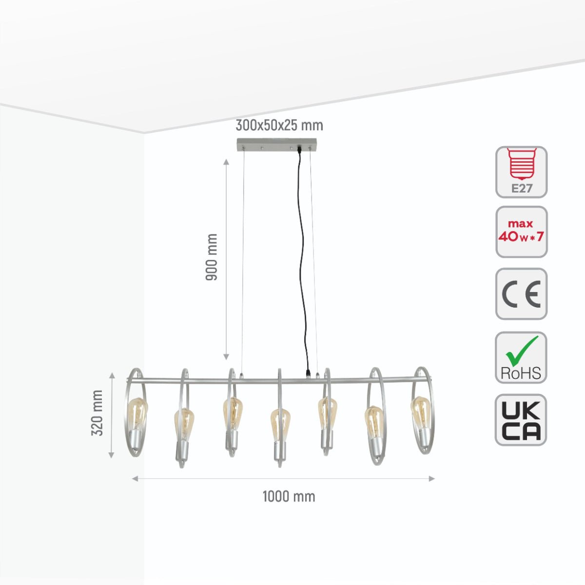 Size and specs of Circle Caged Silver Grey Kitchen Island Chandelier Ceiling Light with 7xE27 Fittings | TEKLED 159-17502