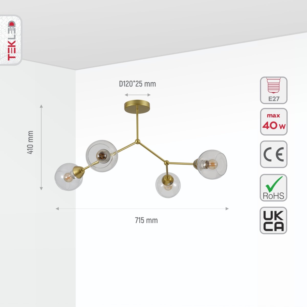 Size and specs of Clear Glass Gold Wishbone Branch Twig Semi Flush Modern Sputnik Ceiling Light with 4xE27 Fitting | TEKLED 159-17806