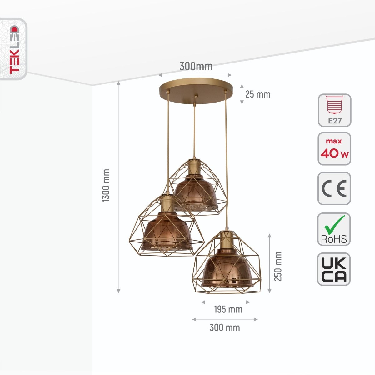 Size and specs of Copper Glass Dome Gold Metal Cage Pendant Light with 3xE27 Fitting | TEKLED 156-19476