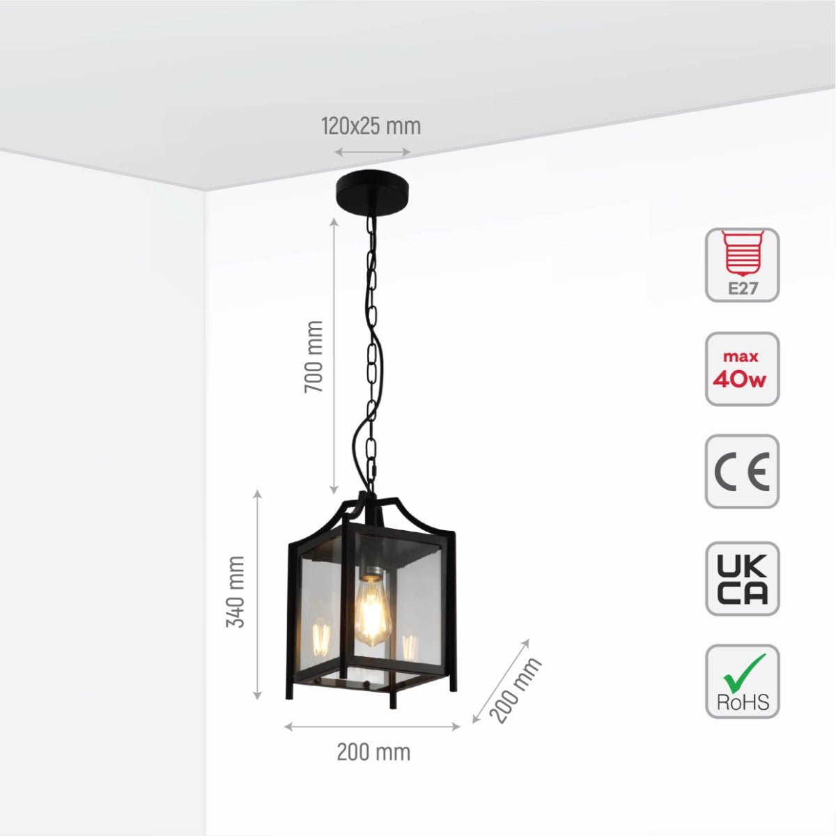 Size and specs of Cube Retro Traditional Lantern Pendant Ceiling Light with E27 | TEKLED 159-17868