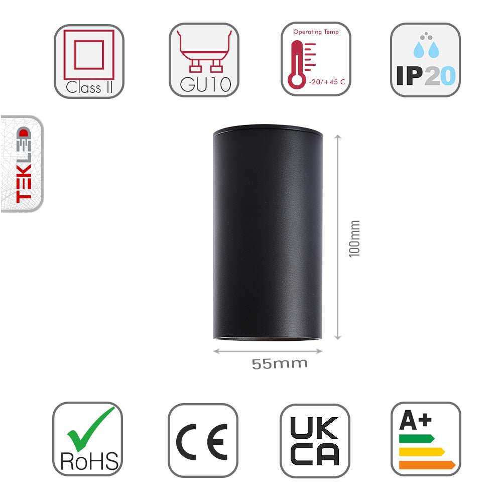 Size and specs of Cyclinder Downlight Black Surface Mount with GU10 Fitting | TEKLED 172-03020