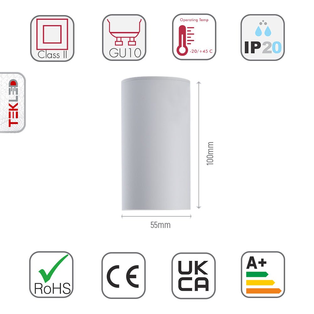 Size and specs of Cyclinder Downlight White Surface Mount with GU10 Fitting | TEKLED 172-03022