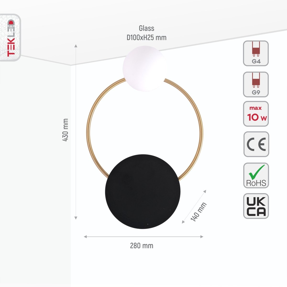 Size and specs of Earth and Moon Wall Light with G4 and G9 Fittings in Black White Gold | TEKLED 151-19738