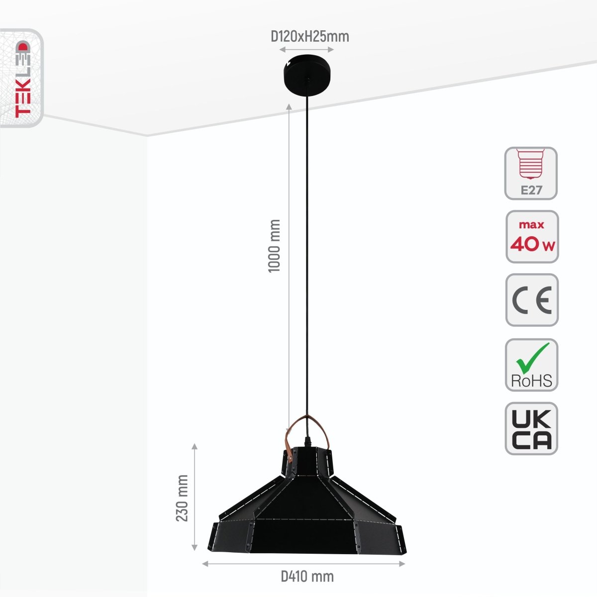 Size and specs of Esagono Maxi Black Metal Pendant Light with E27 Fitting | TEKLED 159-17352