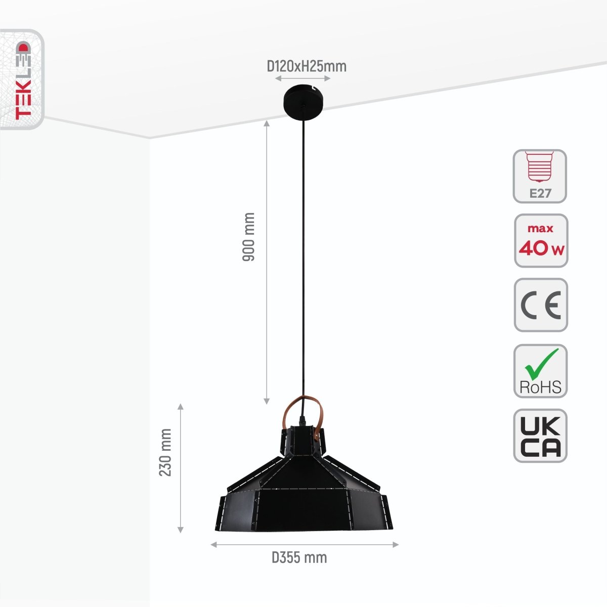 Size and specs of Esagono Midi Black Metal Pendant Light with E27 Fitting | TEKLED 159-17358